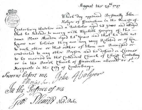 John Holyer's marriage allegation 1737